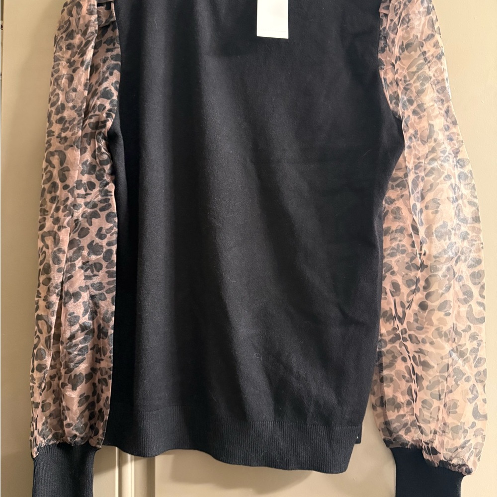 Sioni Black Blouse with Sheer Animal Print Sleeves